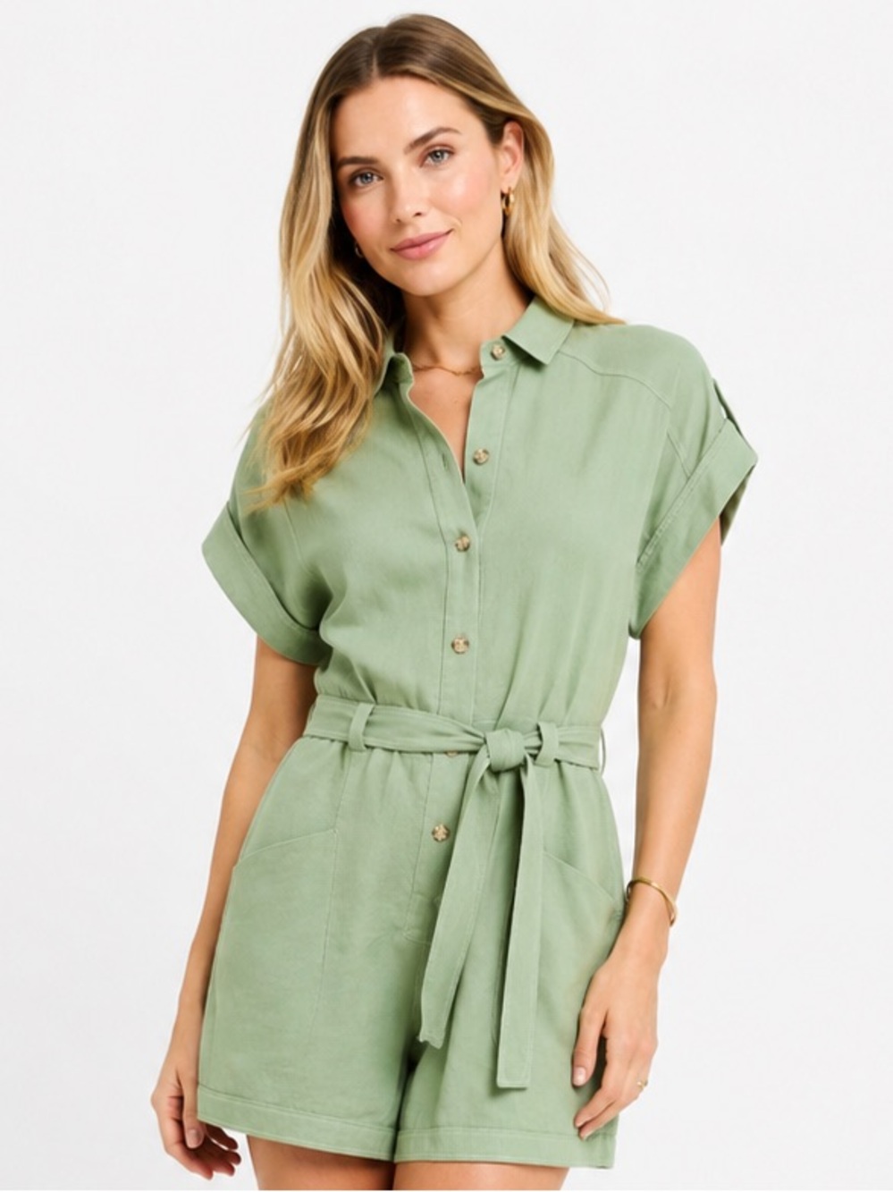 ZARA Sage Green Linen Blend Belted Button Front Utility Romper XS Chic Casual